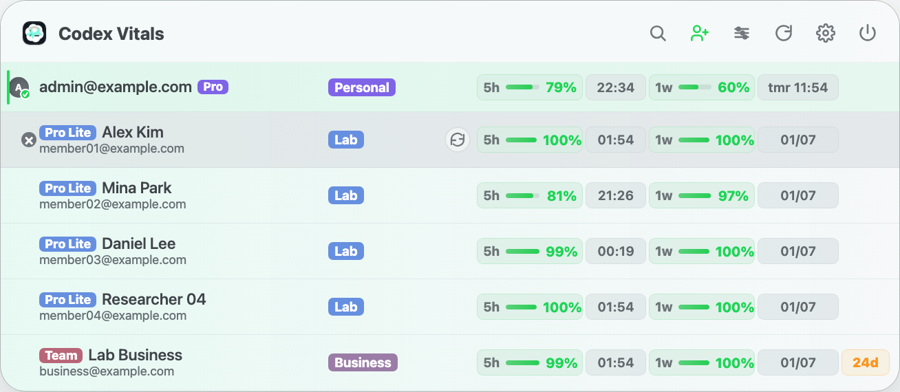 Codex Vitals showing sanitized sample account usage, plan badges, workspace labels, and reset windows