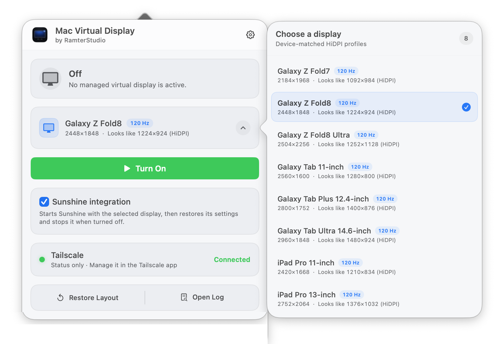 Mac Virtual Display with eight-profile picker